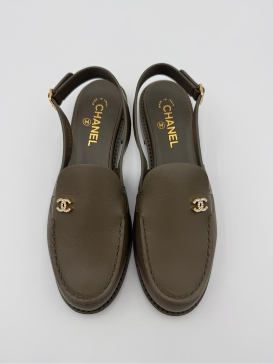 CHANEL Shoes - CHANEL Olive Green Leather Slingback Loafers with Gold CC Hardware